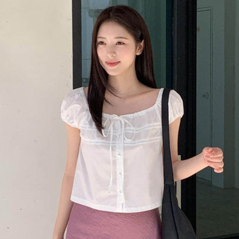 韩国代购直邮2026夏Cherrykoko可爱风泡泡袖蝴蝶结衬衫系带甜美