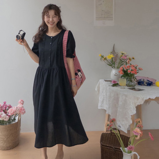 连衣裙女 韩国直邮Leelin夏百搭甜美温柔淑女宽松显瘦圆领短袖