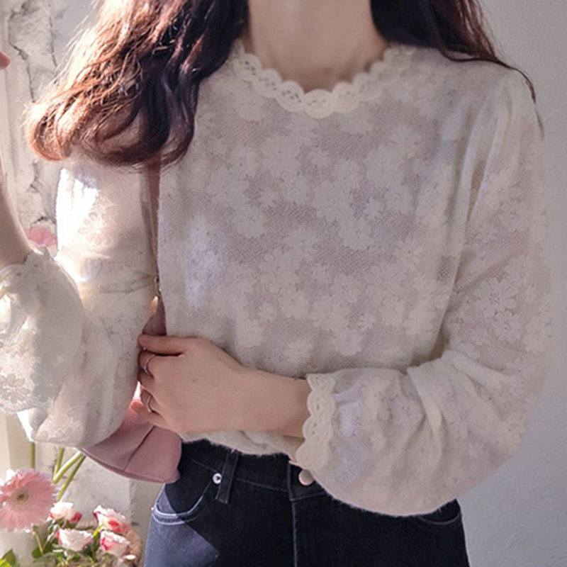 甜韩国代购直邮Leelin冬百搭甜美可爱蕾丝花边圆领长袖套头衬衫女