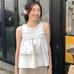 衬衫 韩国直邮Flily夏百搭甜美温柔淑女设计感荷叶边圆领宽松无袖