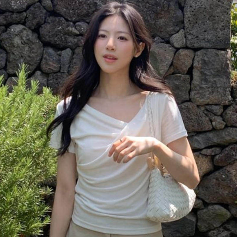 韩国代购直邮2026夏Cherrykoko法式温柔不规则褶皱荡领短袖T恤