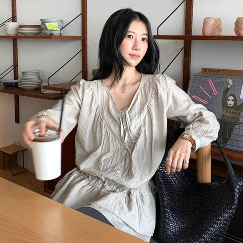 韩国代购直邮2026秋Flily抽绳收腰长袖衬衫女气质减龄褶皱上衣
