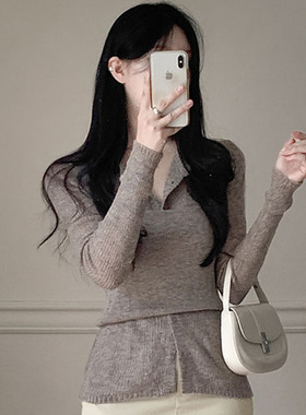 韩国直邮Secondesecon秋百搭时尚气质淑女温柔V领针织开衫套装女