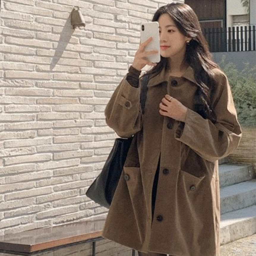 韩国代购直邮2026秋Cherrykoko复古翻领麂皮风衣女中长双排扣外套