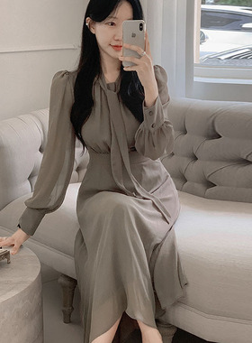 韩国直邮Secondesecon秋百搭时尚气质温柔圆领显瘦长袖连衣裙女