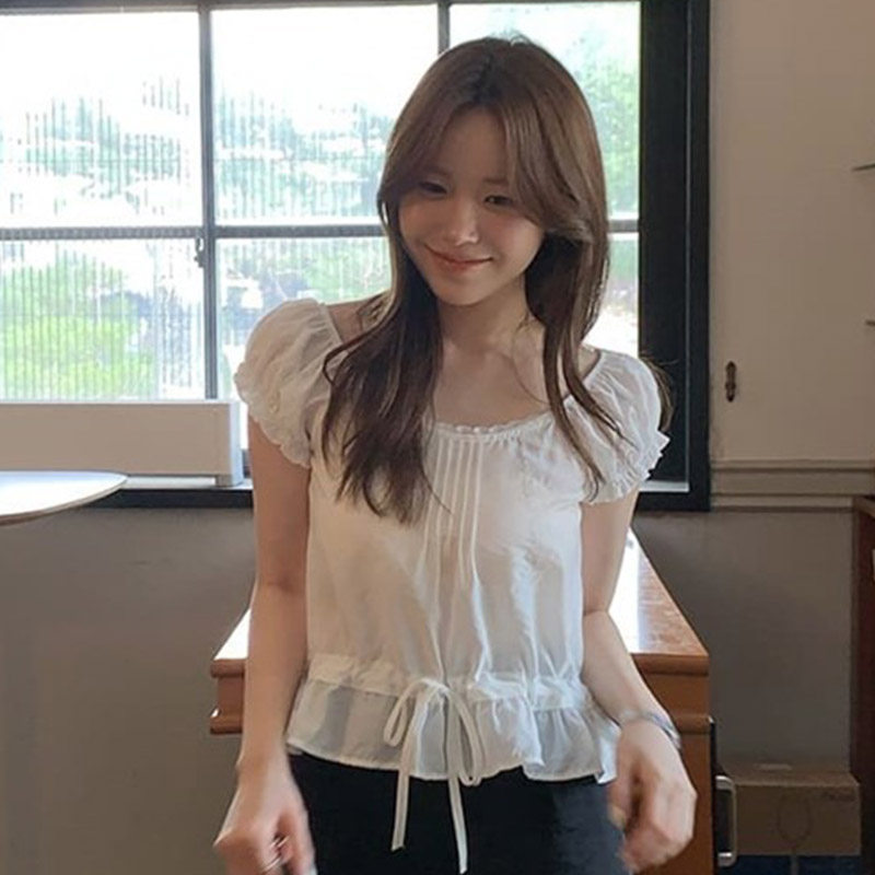 韩国代购直邮2026夏Cherrykoko甜美收腰褶皱减龄方领泡泡袖衬衫女