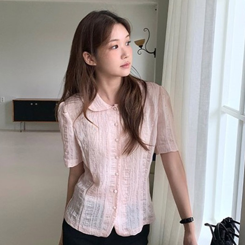 韩国代购直邮2026夏Flily日系甜美显瘦百搭学生党娃娃领短袖衬衫