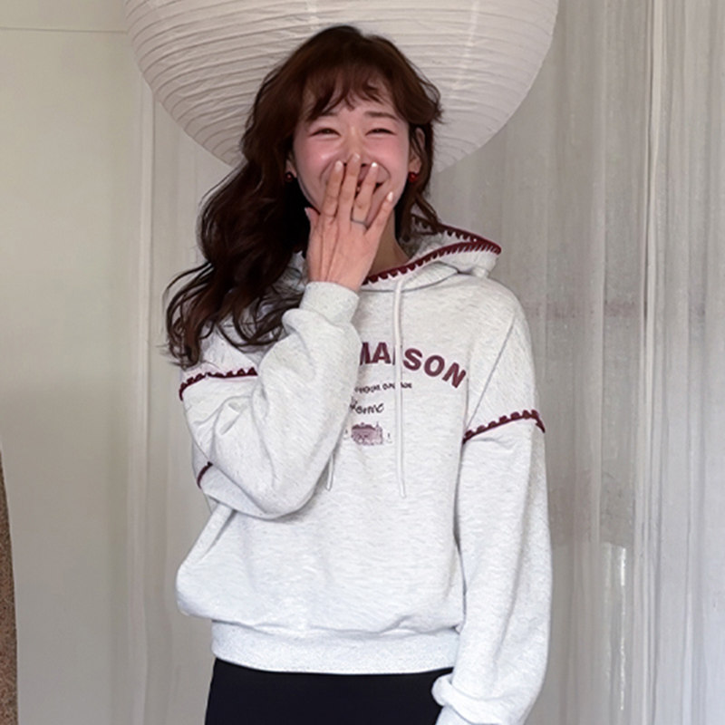 韩国代购直邮Leelin冬韩系复古字母刺绣女宽松慵懒风长袖连帽卫衣