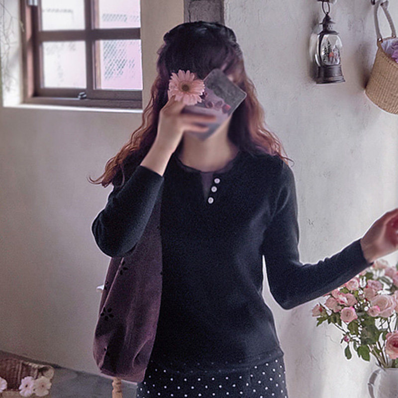 韩国代购直邮Leelin冬淑女风百搭套头温柔慵懒风圆领长袖针织衫女