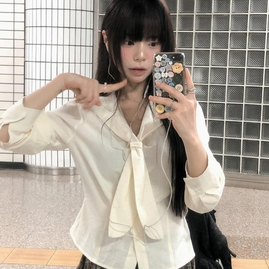 韩国代购直邮2026秋Vinvle减龄水手领系带长袖衬衫女翻领气质上衣