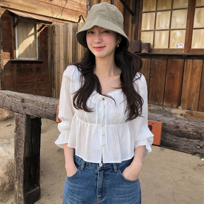 韩国代购直邮2026春甜美少女风雪纺衫女长袖褶皱系带收腰减龄上衣
