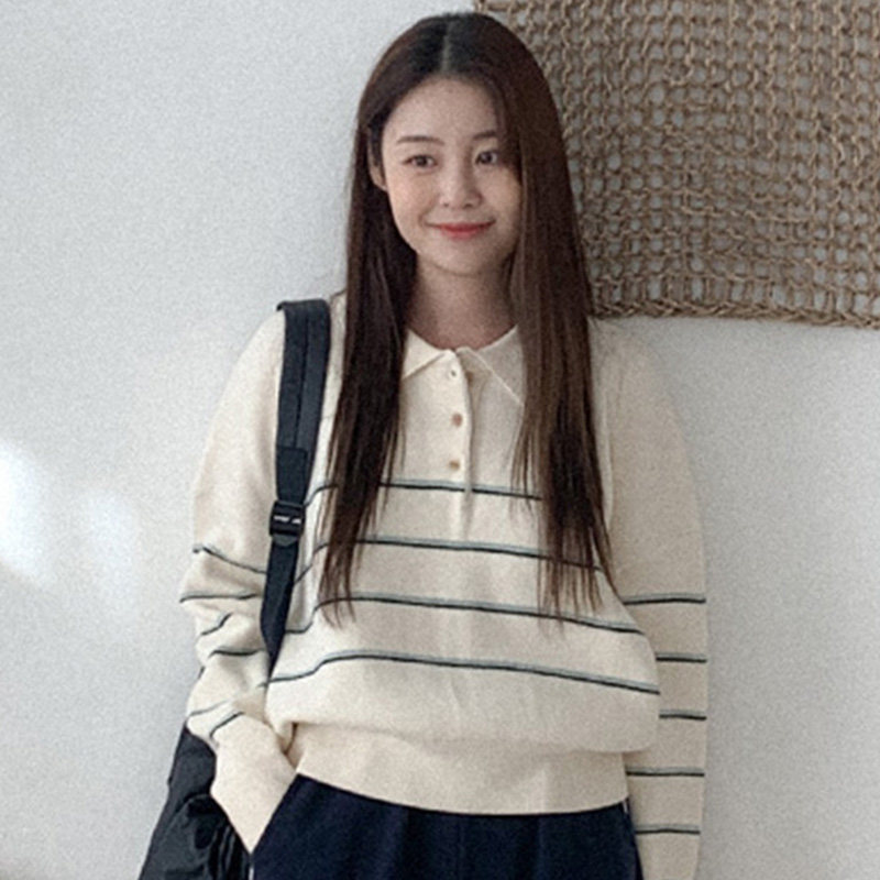 韩国代购直邮Heylady春复古学院风淑女条纹翻领套头长袖针织衫女