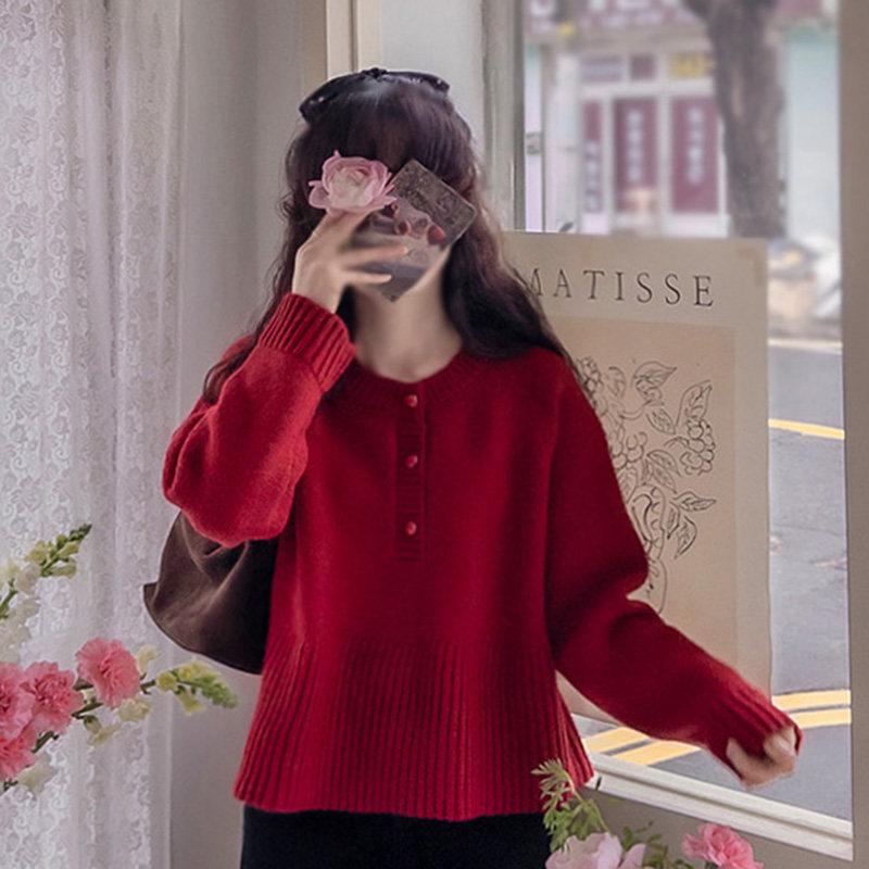 韩国代购直邮Leelin冬氛围感穿搭圆领毛衣显瘦长袖套头纽扣针织衫