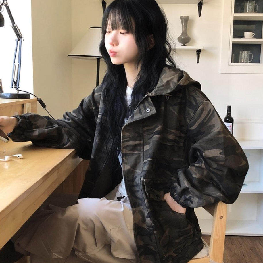 韩国直邮2026秋Vinvle复古迷彩连帽外套女宽松帅气显瘦夹克短外套