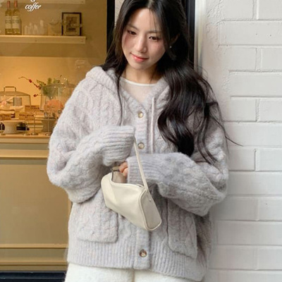 慵懒风通勤宽松连帽麻花针织开衫