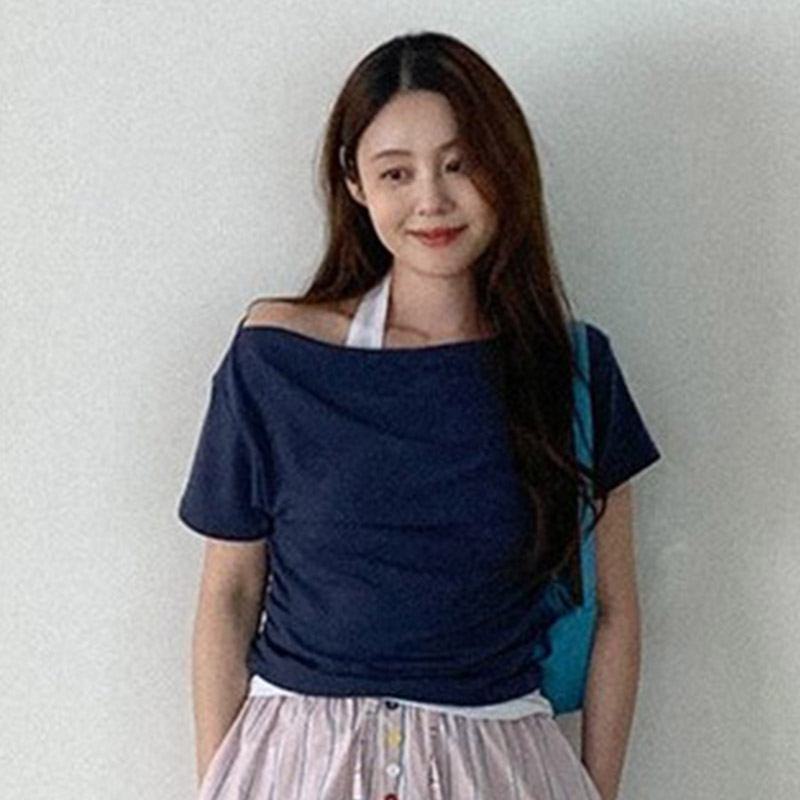 韩国代购直邮2026夏Heylady斜肩褶皱显瘦百搭设计感收腰短袖T恤女