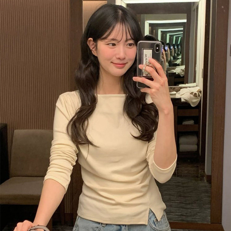 韩国代购直邮2026春装修身开叉长袖T恤女百搭显瘦简约上衣奶油风