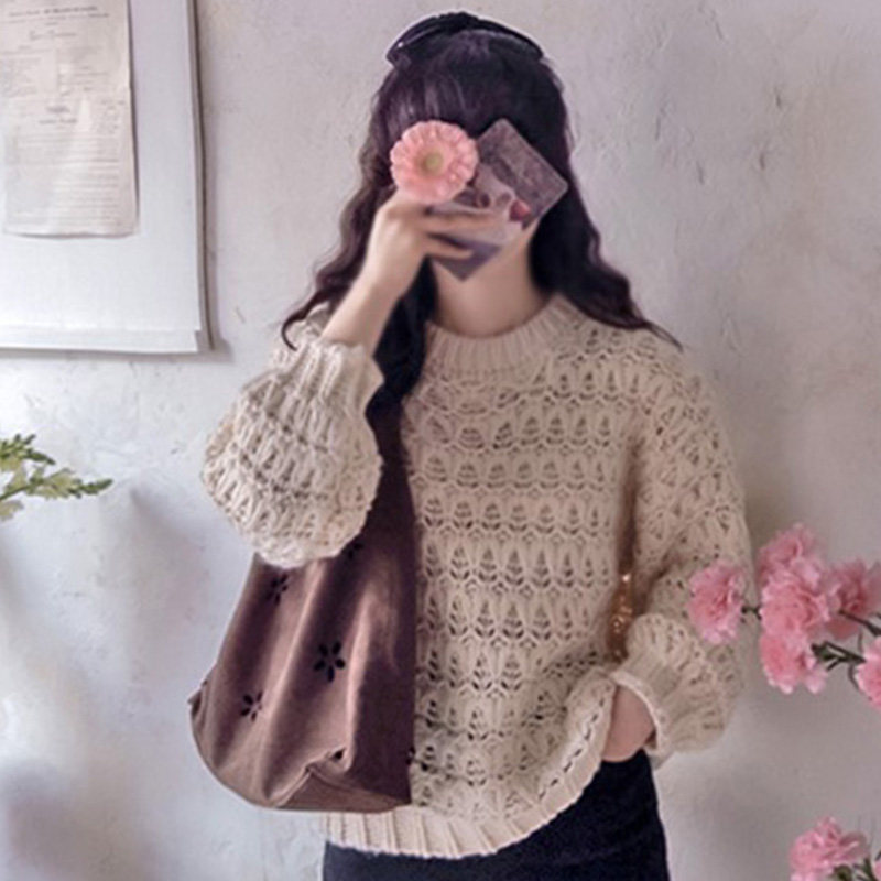 韩国代购直邮Leelin春法式松弛感棒针粗线套头圆领镂空长袖针织衫