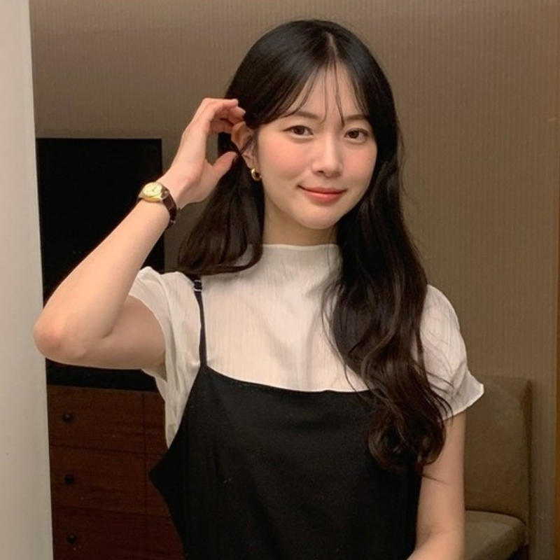 韩国代购直邮2026夏温柔韩系风假两件叠穿淑女风黑白撞色短袖T恤