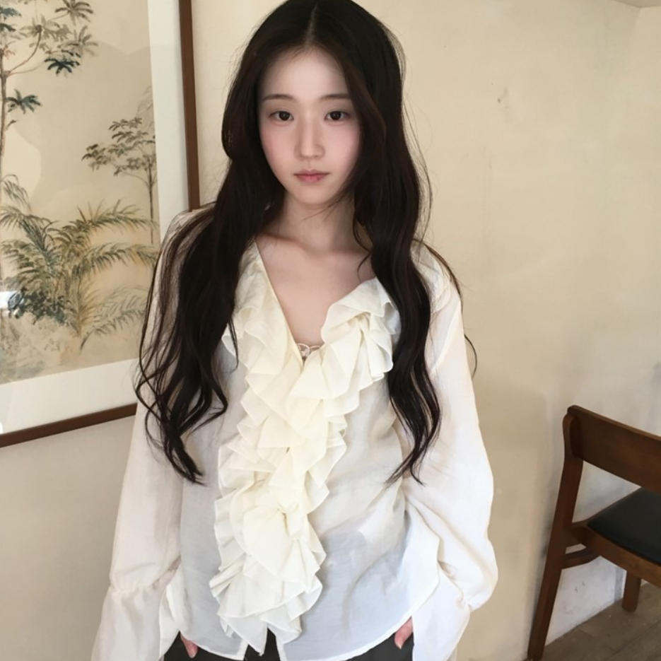 韩国代购直邮2026秋Daybin法式荷叶边衬衫女V领宽松长袖气质上衣