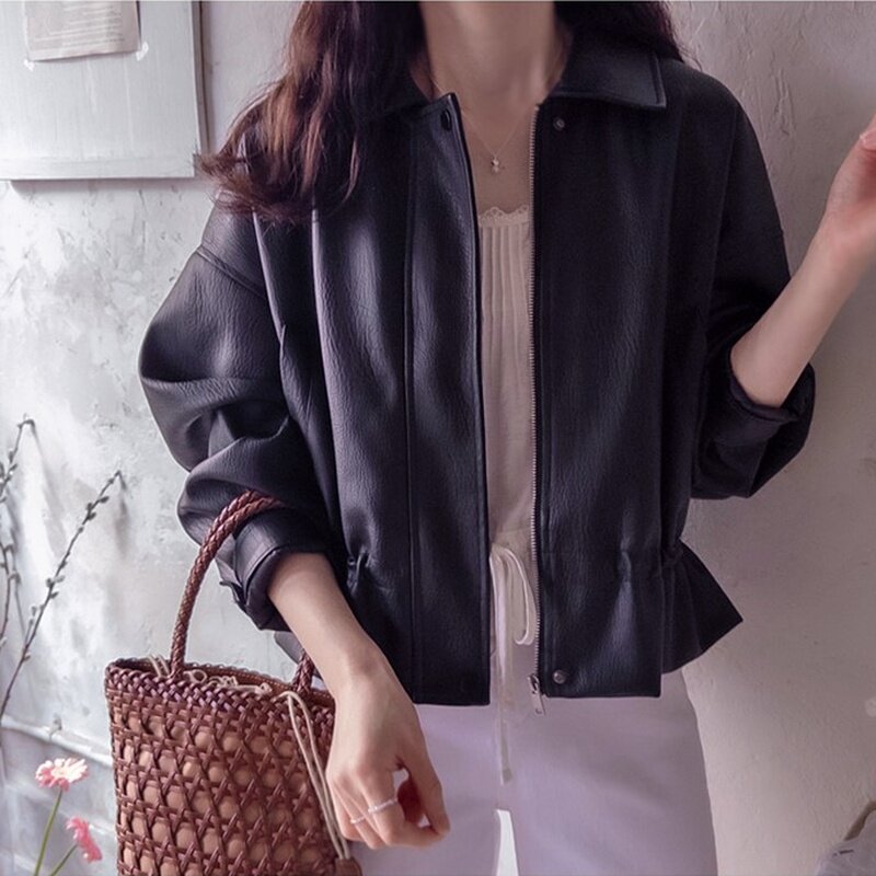 韩国代购直邮2026春Leelin韩版翻领宽松休闲拉链夹克黑色短外套