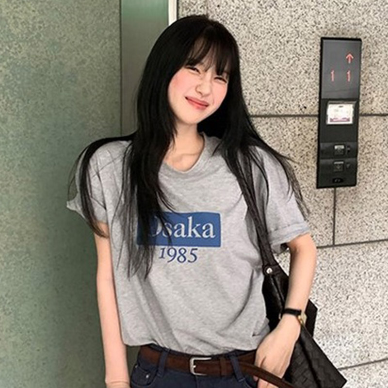 韩国代购直邮2026夏Flily休闲风字母印花圆领宽松套头短袖T恤女