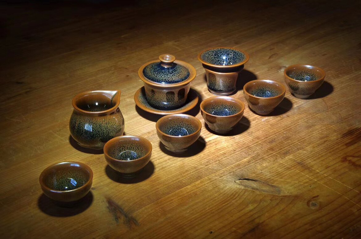 建窑建盏三彩鹧鸪斑茶具十二件套建盏