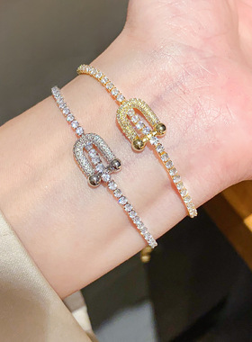 复古宫廷风blingbling闪闪14K金电镀锆石U形环保手链气质手环女