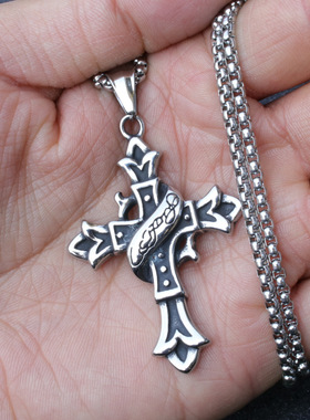 批发百搭高级感欧美钛钢十字架吊坠男士项链毛衣链网红不锈钢配饰