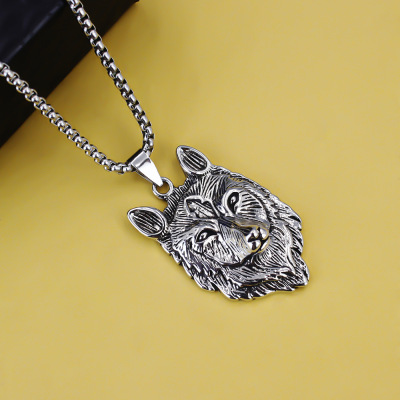 跨境新款不锈钢饰品批发 欧美朋克冰原狼维京狼头钛钢吊坠项链