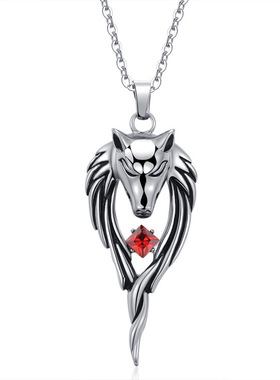 跨境电商外贸复古配饰 原创设计狼头吊坠男士红锆石豹头项链