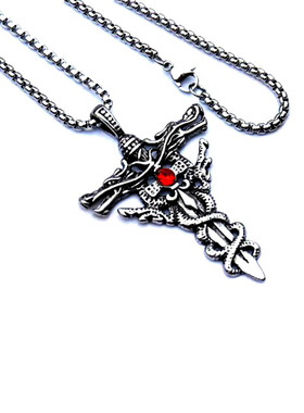 促销不锈钢首饰双龙剑钛钢项链吊坠复古朋克十字架招财转运潮男