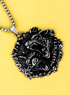 跨境饰品维京双狼头钛钢吊坠个性复古嘻哈男士不锈钢项链厂家直销