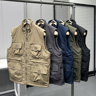 欧美单牛货机能户外防风保暖无袖背心坎肩加绒立领双面穿工装马甲
