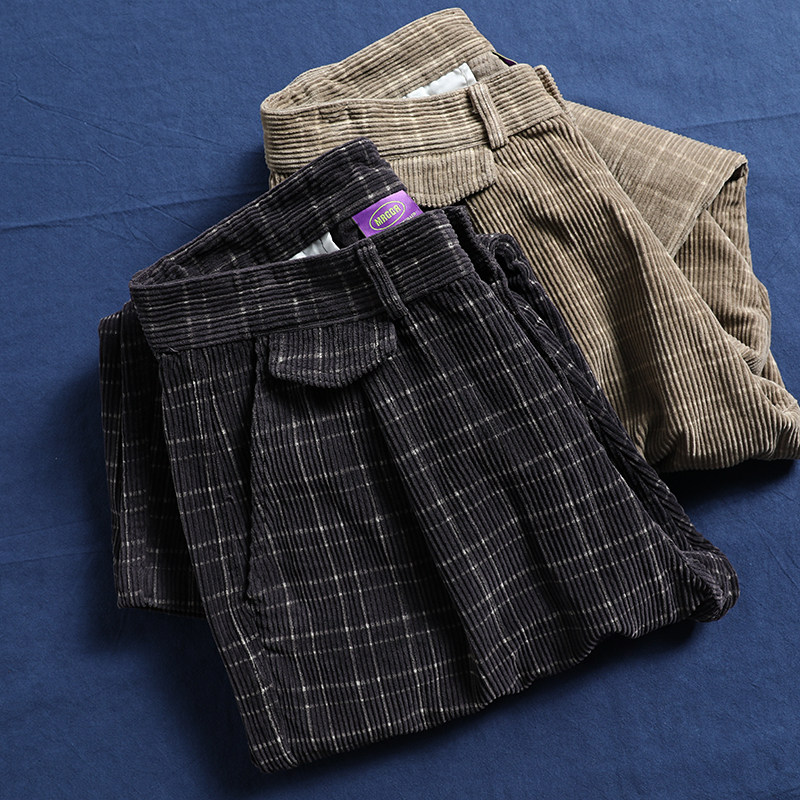 帅呆 文艺雅痞 经典复古厚实全棉灯芯绒阔腿裤单褶格子老爹潮裤,男装,休闲裤,淘宝优惠券,粉丝福利购,淘宝优惠卷