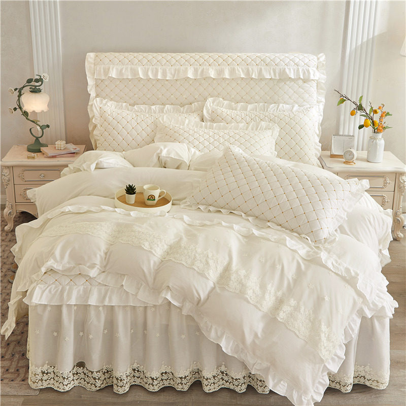 纯棉床裙款四件套100全棉夹棉加厚床罩蕾丝花边公主被套床上用品