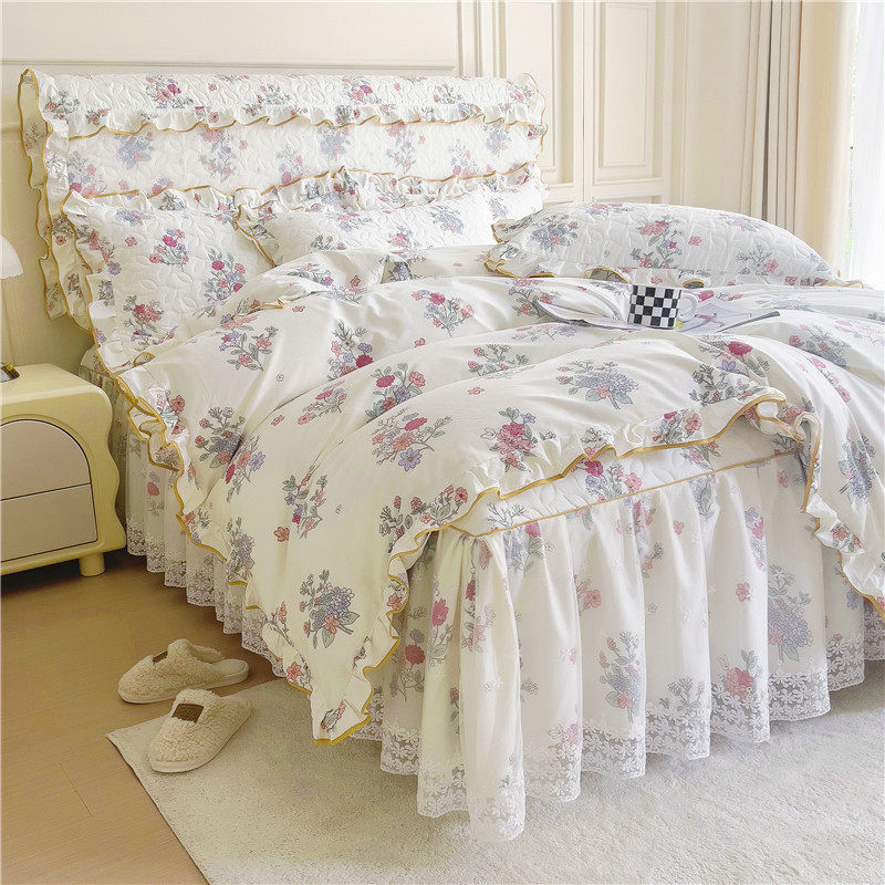全棉公主风床裙款四件套夹棉加厚蕾丝床罩小清新纯棉花边被套床品