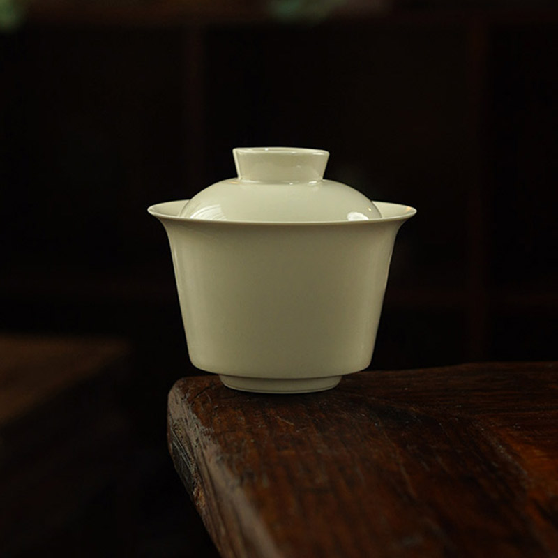 中式复古象牙白盖碗茶杯功夫茶具简约不烫手二才泡茶碗家用
