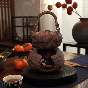 中式岩泥侘寂风煮茶壶烧水壶提梁家用粗陶茶壶复古电陶炉炭火可用
