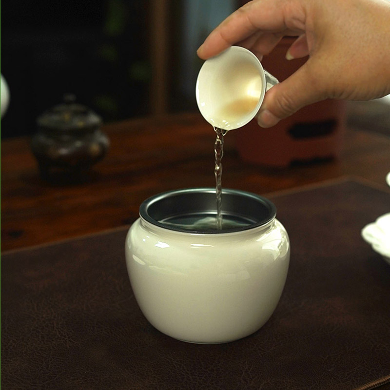 中式复古象牙白陶瓷茶渣缸桌面建水家用茶渣桶储水陶瓷茶盂废水盂