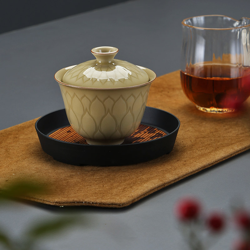 复古风定窑剔花莲瓣纹盖碗奉茶碗功夫茶具陶瓷茶道家用泡茶主泡碗图片