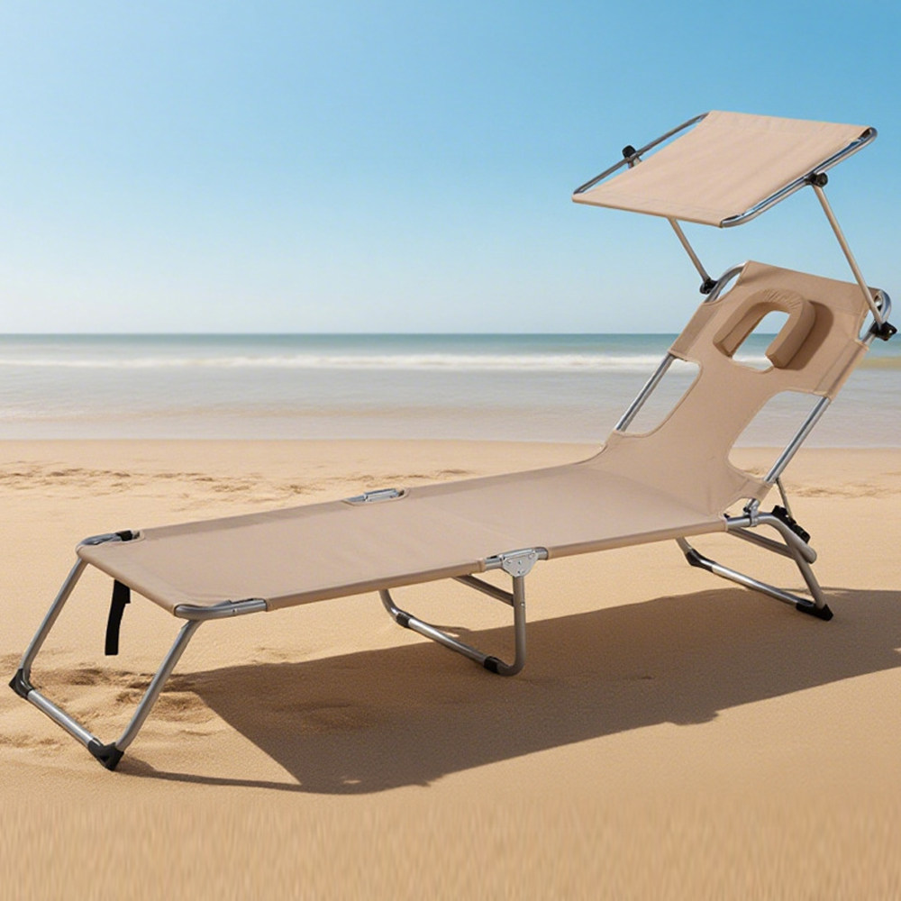 户外沙滩躺椅坐睡两用沙滩椅便携晒背趴椅折叠床海边带防晒遮阳棚