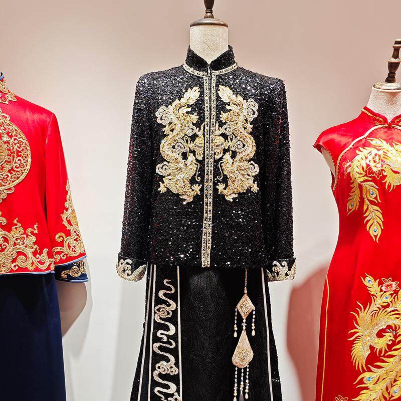 断码清仓黑色男装秀禾服婚服新款中式礼服重工接亲新郎珠绣亮片