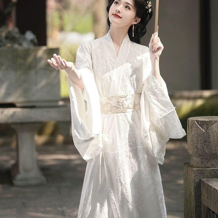 白色战国袍古装汉服女2024新款古风仙气印花拖尾直裾襦裙演出服