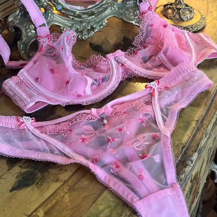 小众LIL 精致刺绣欧美高叉风性感薄纱透明女T裤