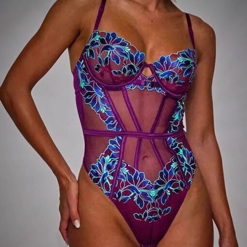 英ANN Nocturnal Bloom精致刺绣纱性感连体衣超薄钢圈文胸