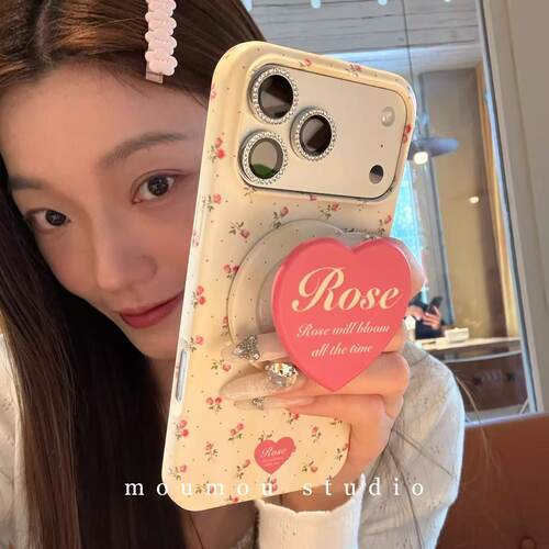 ins韩系满屏玫瑰花磁吸支架适用iPhone17promax苹果16手机壳15女