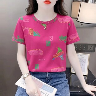 轻熟风涂鸦短袖t恤女夏季宽松上衣2026年新款减龄百搭圆领体恤衫