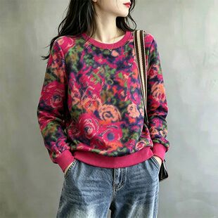 复古玫瑰印花圆领卫衣女秋季新款玫红色宽松显瘦洋气长袖套头外套