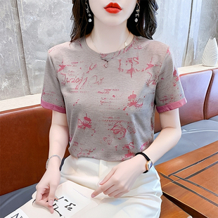 拼色宽松正肩t恤女纯棉洋气显瘦女士短袖 上衣服 2025新款 套头夏季